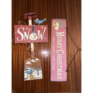 Cottagecore Cabin Mini Snowman Shovel & Metal Sign Rustic Christmas 16" Hanging